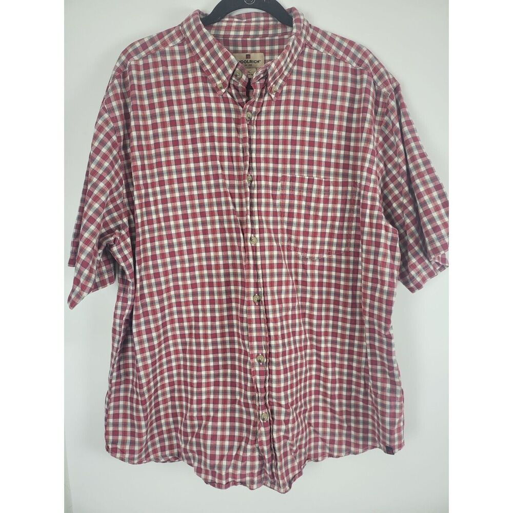 Woolrich‎ Button Front Shirt XL Mens Short Sleeve Red White Pocket Top